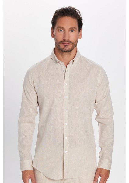 Erkek Slim Fit Dar Kesim Uzun Kollu Keten Premium Seri Düğmeli Yaka Spor Bej gömlek fiyatları