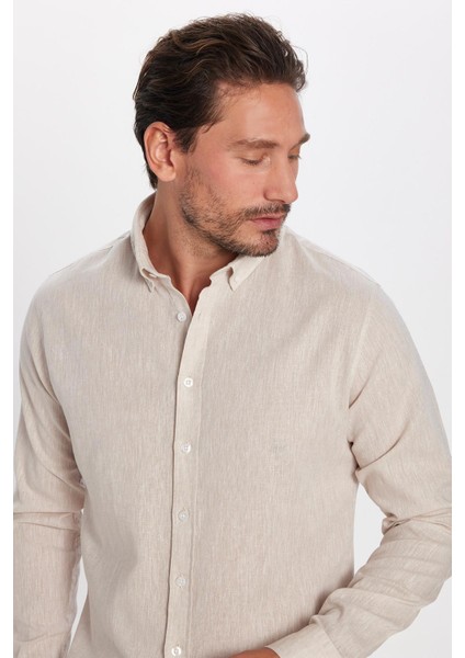 Erkek Slim Fit Dar Kesim Uzun Kollu Keten Premium Seri Düğmeli Yaka Spor Bej gömlek modelleri