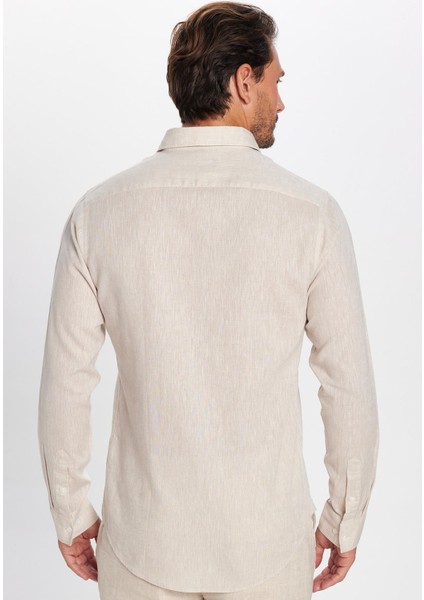 Erkek Slim Fit Dar Kesim Uzun Kollu Keten Premium Seri Düğmeli Yaka Spor Bej gömlek indirimleri