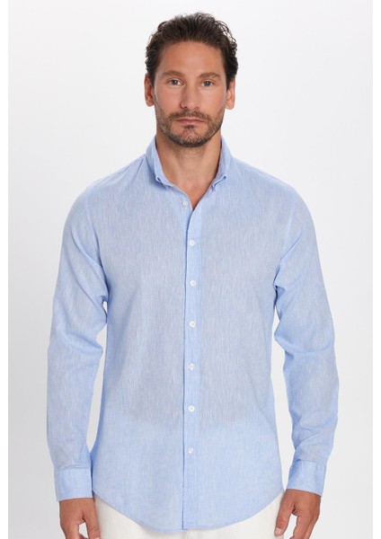 Erkek Slim Fit Dar Kesim Uzun Kollu Keten Premium Seri Düğmeli Yaka Spor Mavi Gömlek modelleri