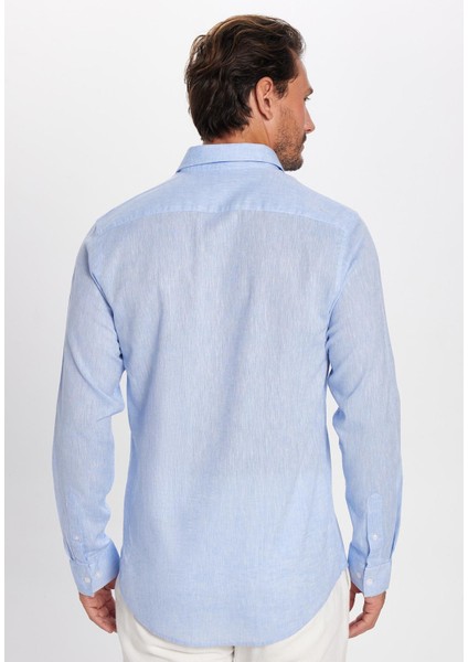 Erkek Slim Fit Dar Kesim Uzun Kollu Keten Premium Seri Düğmeli Yaka Spor Mavi Gömlek fırsatları