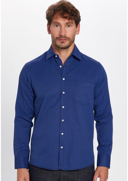 Erkek Klasik Fit Normal Kesim Pamuklu Tek Cepli Armürlü Saks Mavi Gömlek modelleri