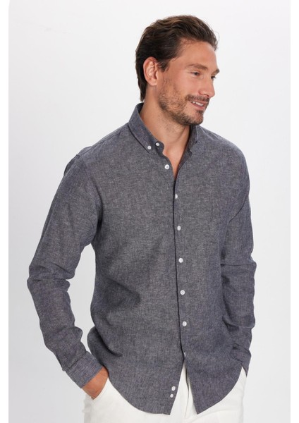 Erkek Slim Fit Dar Kesim Uzun Kollu Keten Premium Seri Düğmeli Yaka Spor Antrasit Gömlek