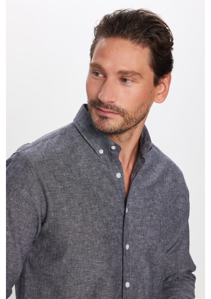 Erkek Slim Fit Dar Kesim Uzun Kollu Keten Premium Seri Düğmeli Yaka Spor Antrasit Gömlek fiyatları