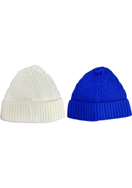 2'li Unisex Triko Kısa Mavi ve Beyaz Renkli Takke Bereler