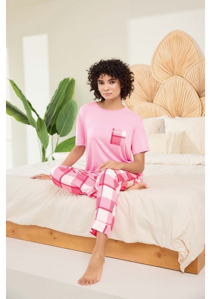 Kadın Pembe Viskon Kumaş Ikili Pijama Takımı