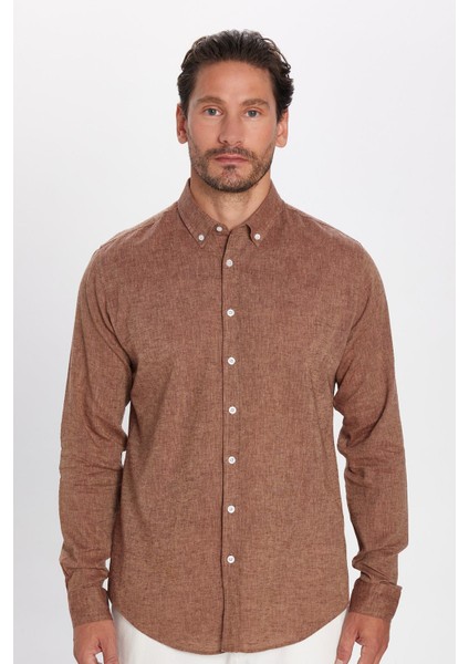 Erkek Slim Fit Dar Kesim Uzun Kollu Keten Premium Seri Düğmeli Yaka Spor Kahverengi Gömlek modelleri