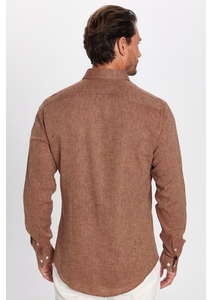 Erkek Slim Fit Dar Kesim Uzun Kollu Keten Premium Seri Düğmeli Yaka Spor Kahverengi Gömlek indirimleri