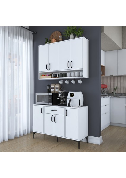 JE205 Kahve Köşesi Çok Amaçlı Dolap 8 Kapaklı 1 Çekmeceli Mutfak Dolabı Beyaz