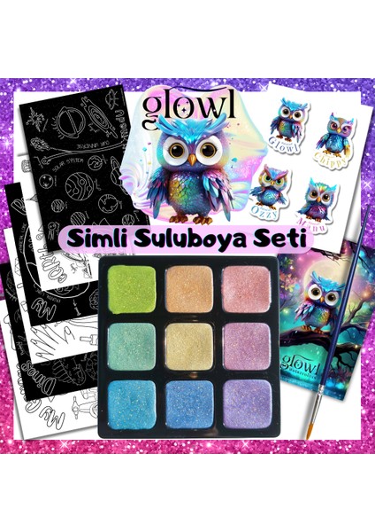 9 Renk El Yapımı Pastel Renk Simli Suluboya Seti, 6'li Boyama Kağıtları, Sticker Seti, Poster, Fırça