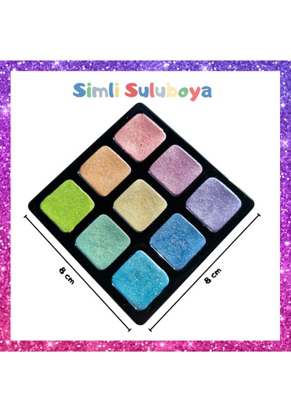 9 Renk El Yapımı Pastel Renk Simli Suluboya Seti, 6'li Boyama Kağıtları, Sticker Seti, Poster, Fırça