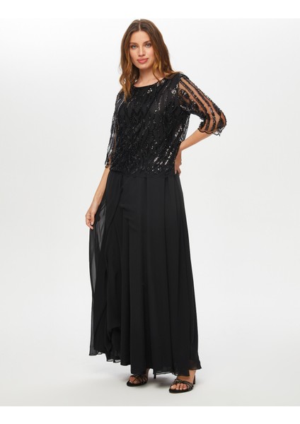 Payet ve Boncuk Detaylı Uzun Abiye Elbise S25ABY001