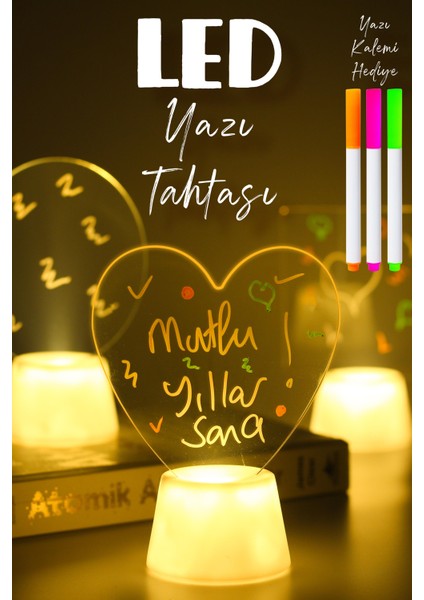 3lü LED Mum Yaz-Sil Işıklı 3 Kalemli Neon Yazı Tahtası Yazılıp Silinebilir Not Tahtası Akrilik