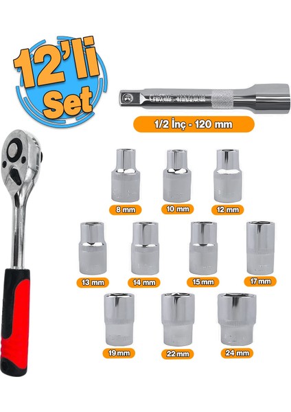 Lokma Anahtar Takımı 12'li Set 8-10-12-13-14-15-17-19-22-24 mm Cr-V Çelik 1/2 Derin Cırcır Soket
