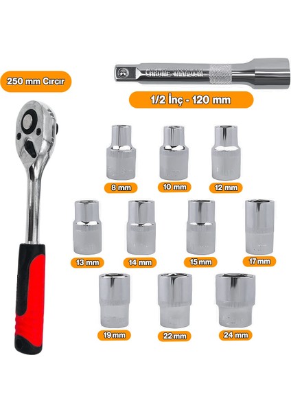 Lokma Anahtar Takımı 12'li Set 8-10-12-13-14-15-17-19-22-24 mm Cr-V Çelik 1/2 Derin Cırcır Soket
