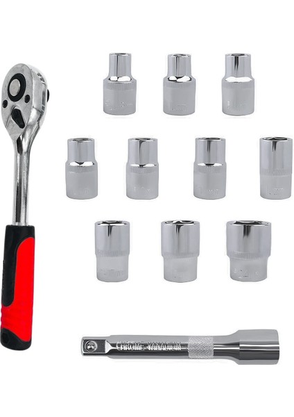 Lokma Anahtar Takımı 12'li Set 8-10-12-13-14-15-17-19-22-24 mm Cr-V Çelik 1/2 Derin Cırcır Soket