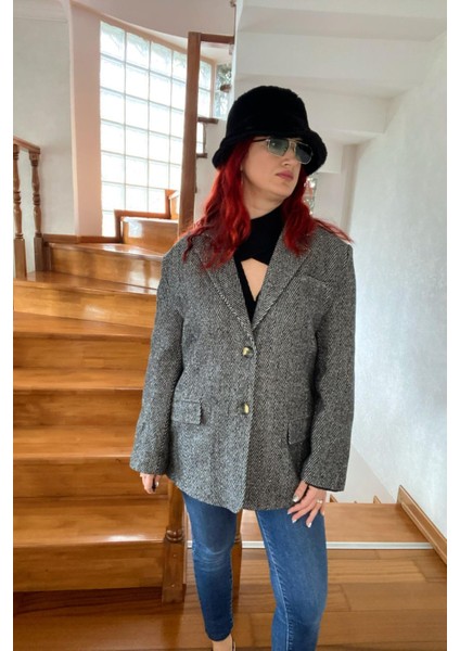 Gri Astarlı Kaşe Blazer Ceket