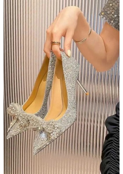 Lady Princess Gümüş Nude Şeffaf Kristal Fiyonk Taşlı Stiletto 9cm Topuklu Düğün Nişan Abiye Ayakkabı fiyatları