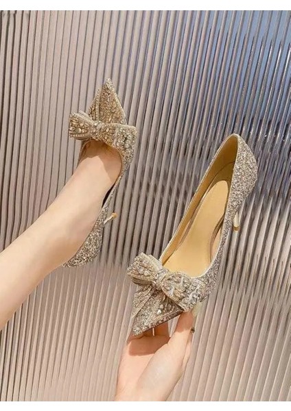 Lady Princess Gümüş Nude Şeffaf Kristal Fiyonk Taşlı Stiletto 9cm Topuklu Düğün Nişan Abiye Ayakkabı fırsatları