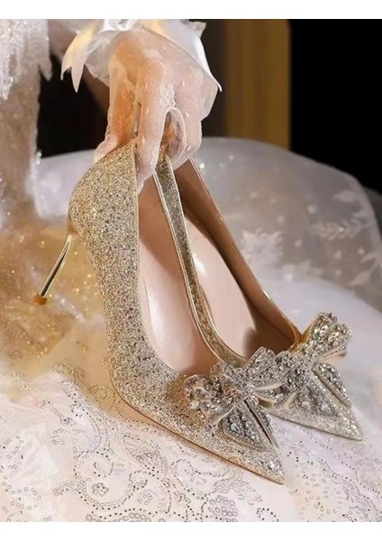 Lady Princess Gümüş Nude Şeffaf Kristal Fiyonk Taşlı Stiletto 9cm Topuklu Düğün Nişan Abiye Ayakkabı indirimleri