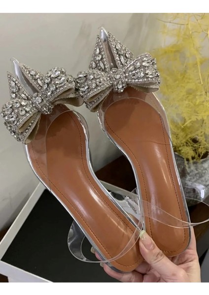 Lady Princess Gümüş Nude 2cm Şeffaf Topuklu Kristal Fiyonk Taşlı Babet Düğün Nişan Abiye Ayakkabı fırsatları