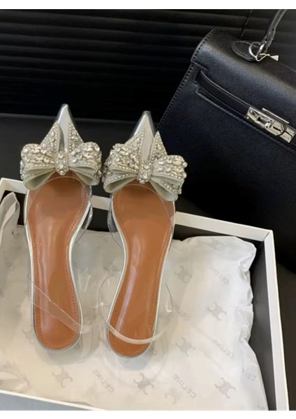 Lady Princess Gümüş Nude 2cm Şeffaf Topuklu Kristal Fiyonk Taşlı Babet Düğün Nişan Abiye Ayakkabı