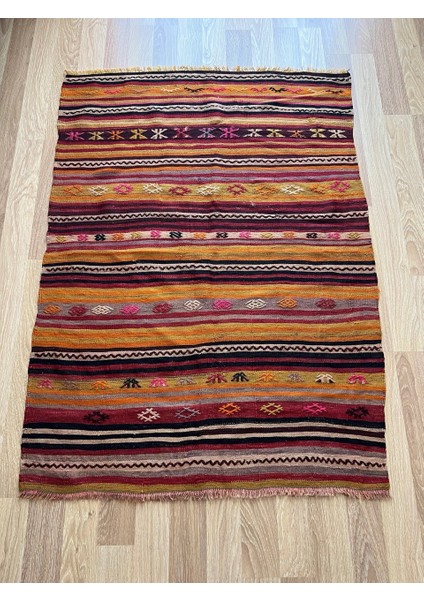 150 x 105 cm El Dokuma Bohem Türk Kilim Halı, Geometrik ve Çizgili Desenli, Nadir Vintage Kilim, Ev Dekoru