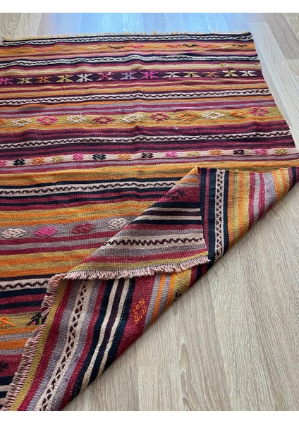 150 x 105 cm El Dokuma Bohem Türk Kilim Halı, Geometrik ve Çizgili Desenli, Nadir Vintage Kilim, Ev Dekoru