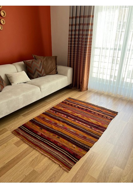 150 x 105 cm El Dokuma Bohem Türk Kilim Halı, Geometrik ve Çizgili Desenli, Nadir Vintage Kilim, Ev Dekoru