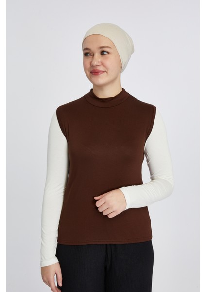 Manolyaşal Kolsuz Balıkçı Yakalı Organik Kadın Body - Çikolata -L-XL