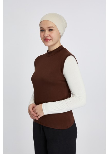 Manolyaşal Kolsuz Balıkçı Yakalı Organik Kadın Body - Çikolata -L-XL