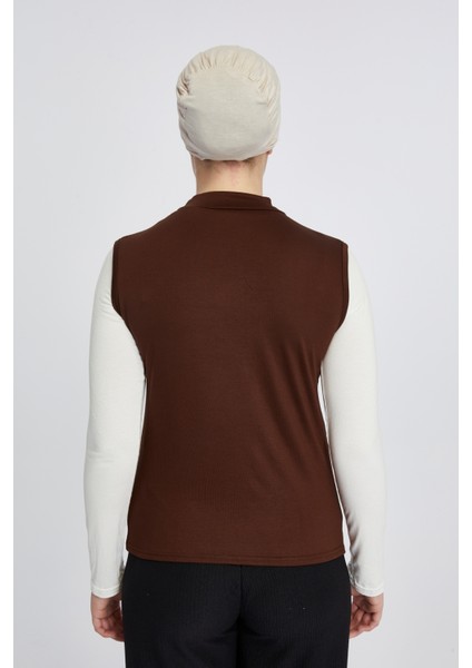 Manolyaşal Kolsuz Balıkçı Yakalı Organik Kadın Body - Çikolata -L-XL