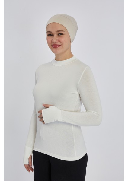Hafif Balıkçı Yakalı Parmak Geçmeli Likralı Organik Kadın Body - Ekru - L-XL