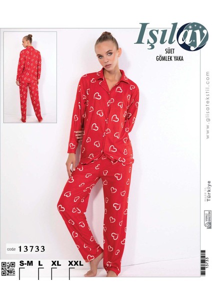 Bayan Süet Yakalı Düğmeli Alt Üst Pijama Takımı