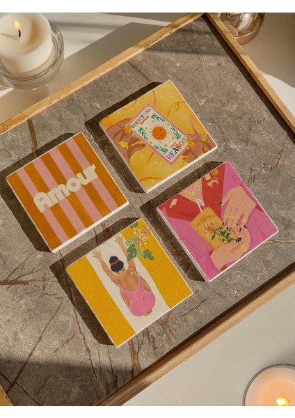 4’lü Renkli Sanatsal Doğal Taş Bardak Altlığı, Estetik, Yoga, Tarot, Kadın Figürlü