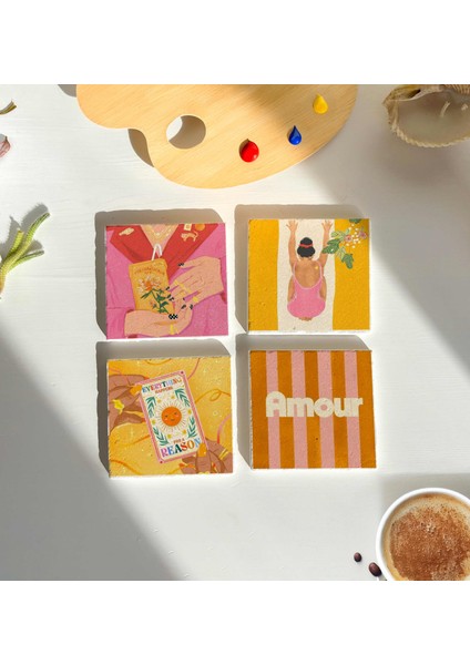 4’lü Renkli Sanatsal Doğal Taş Bardak Altlığı, Estetik, Yoga, Tarot, Kadın Figürlü fiyatları