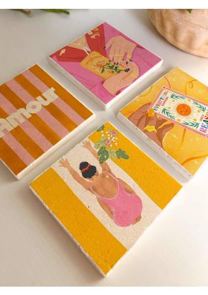4’lü Renkli Sanatsal Doğal Taş Bardak Altlığı, Estetik, Yoga, Tarot, Kadın Figürlü modelleri
