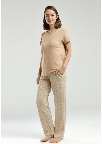 Kadın Pijama Takım, Kısakol, Yuvarlak Yaka, Cep Detaylı