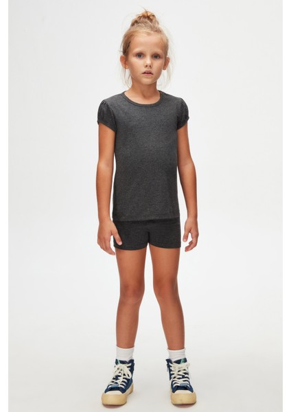 Antrasit Basic Kız Çocuk Sıfır Yaka Karpuz Kol Tişört