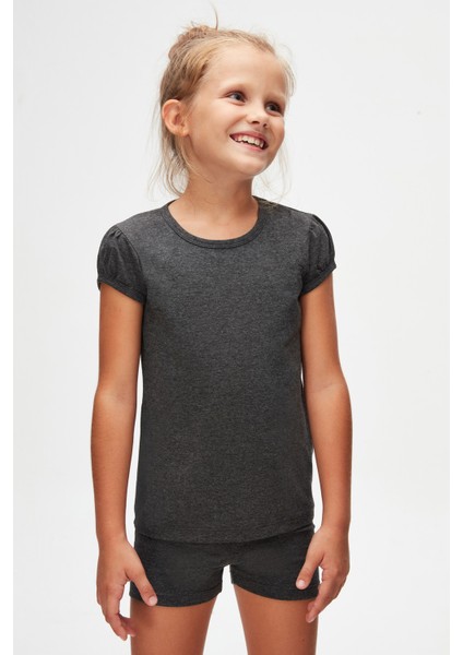 Antrasit Basic Kız Çocuk Sıfır Yaka Karpuz Kol Tişört fiyatları