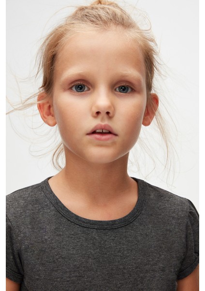 Antrasit Basic Kız Çocuk Sıfır Yaka Karpuz Kol Tişört modelleri