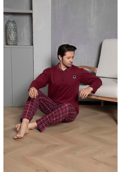 Erkek Penye Bordo Uzun Kollu Altı Ekoseli Pijama Takımı