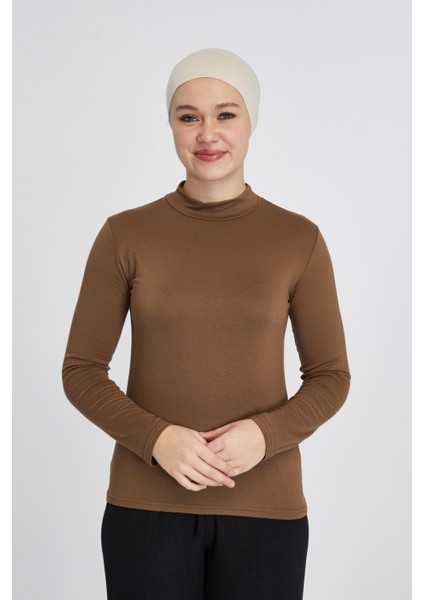 Manolyaşal Hafif Uzun Kollu Balıkçı Yakalı Organik Kadın Body - Açık Çikolata - L-XL