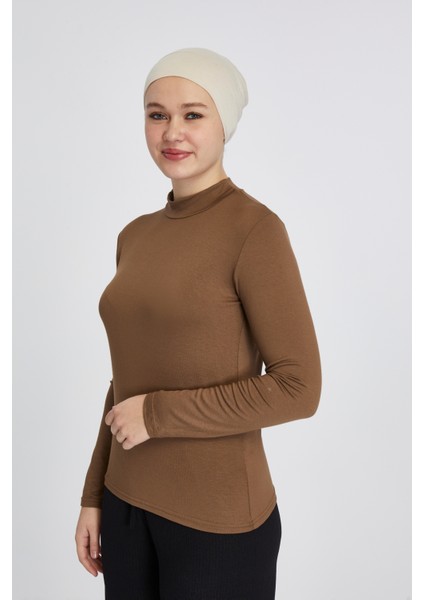 Manolyaşal Hafif Uzun Kollu Balıkçı Yakalı Organik Kadın Body - Açık Çikolata - L-XL