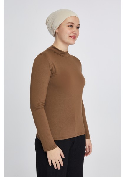 Manolyaşal Hafif Uzun Kollu Balıkçı Yakalı Organik Kadın Body - Açık Çikolata - L-XL
