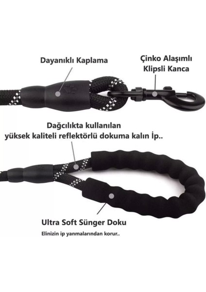 Köpekler İçin Gezdirme Tasması Reflektörlü 130 cm Halat Orta Ve Büyük Boy Köpekler İçin Siyah fırsatları