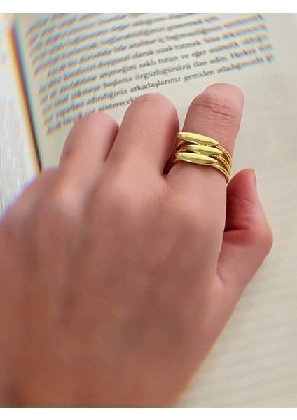 Üçlü Plaka Kaburga Model Ayarlanabilir Altın Kaplama Gold Çelik Yüzük