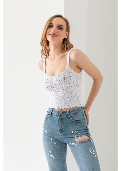 Ponpon Desenli Askılı Crop Top, Body, Şık Rahat V Yaka Fitilli Kolsuz T-Shirt Krop, Askılı Krop, Top