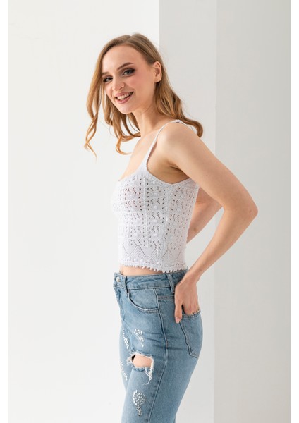Ponpon Desenli Askılı Crop Top, Body, Şık Rahat V Yaka Fitilli Kolsuz T-Shirt Krop, Askılı Krop, Top