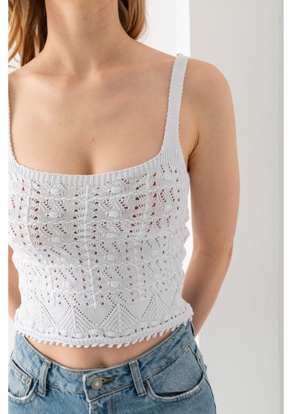 Ponpon Desenli Askılı Crop Top, Body, Şık Rahat V Yaka Fitilli Kolsuz T-Shirt Krop, Askılı Krop, Top